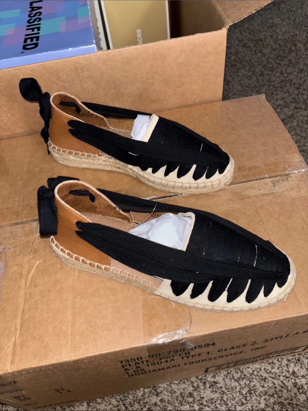 Canvas Espadrille Lace-Up Wedge in Black, Cream & Tan